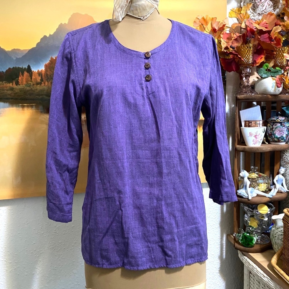 Ganesh Himal 100% cotton Tunic Top Boho Hippie Nepal Women L 3/4 Sleeve Purple